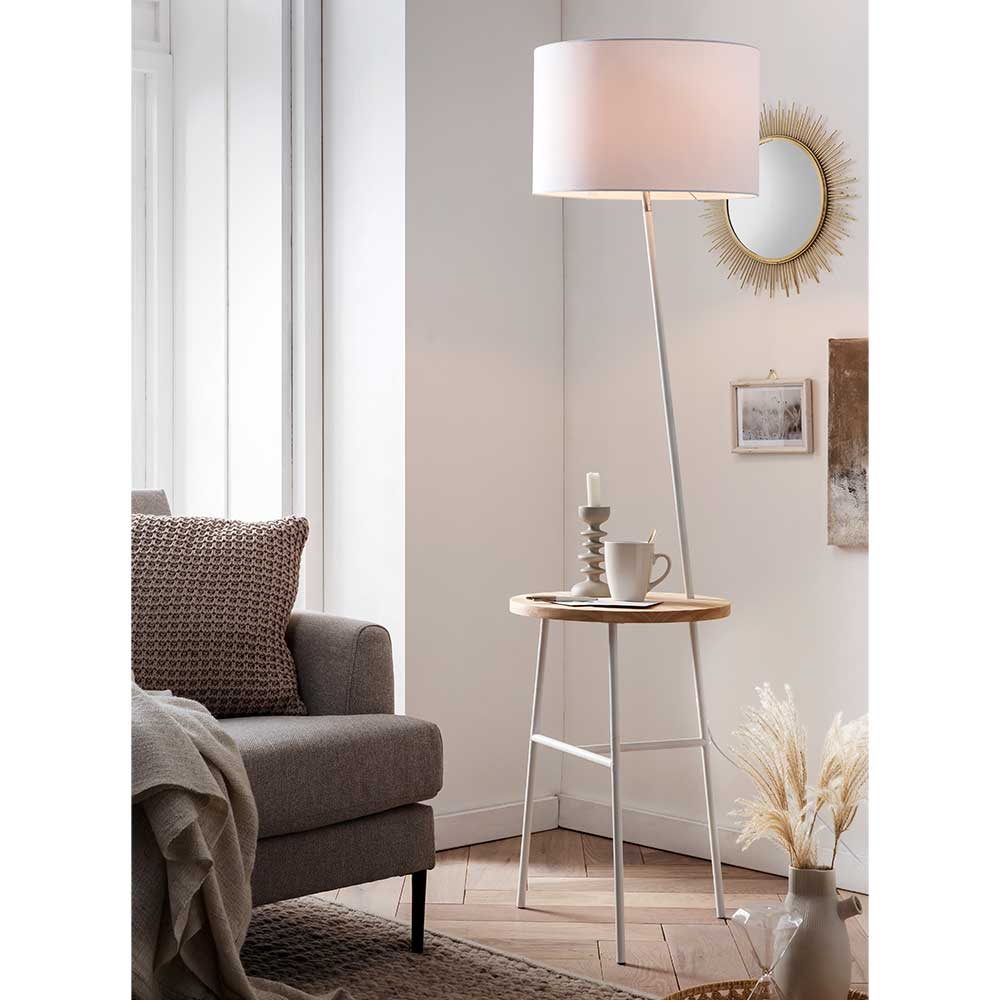 Weiße Stoff Stehlampe mit Ablagetisch - Passenna