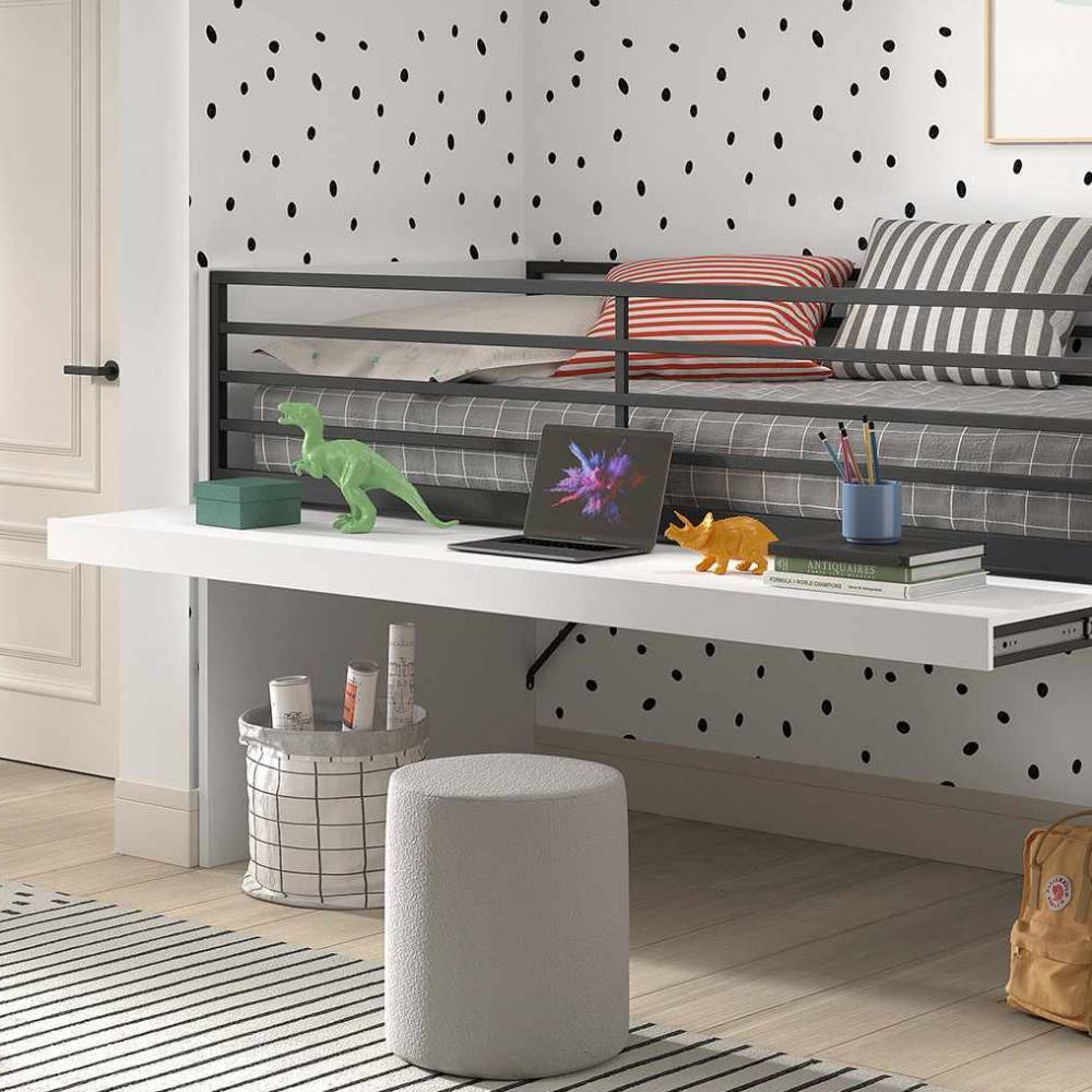 Weißes Kinderhochbett mit integriertem Schreibtisch und schwarzem Metallrahmen – Brasovia