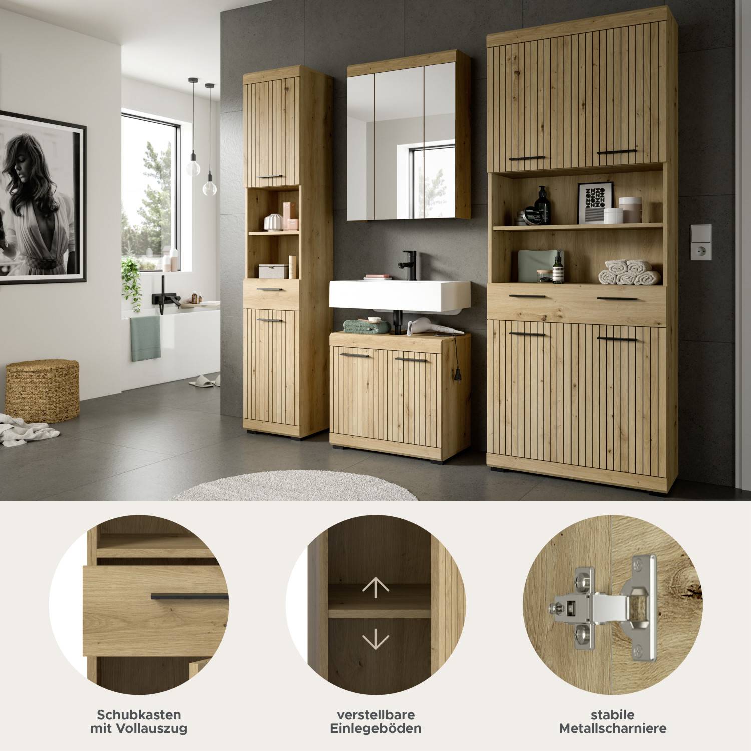 Details des Badezimmersetts mit Vollauszug Schubkasten, verstellbaren Böden und stabilen Scharnieren – Lasewood