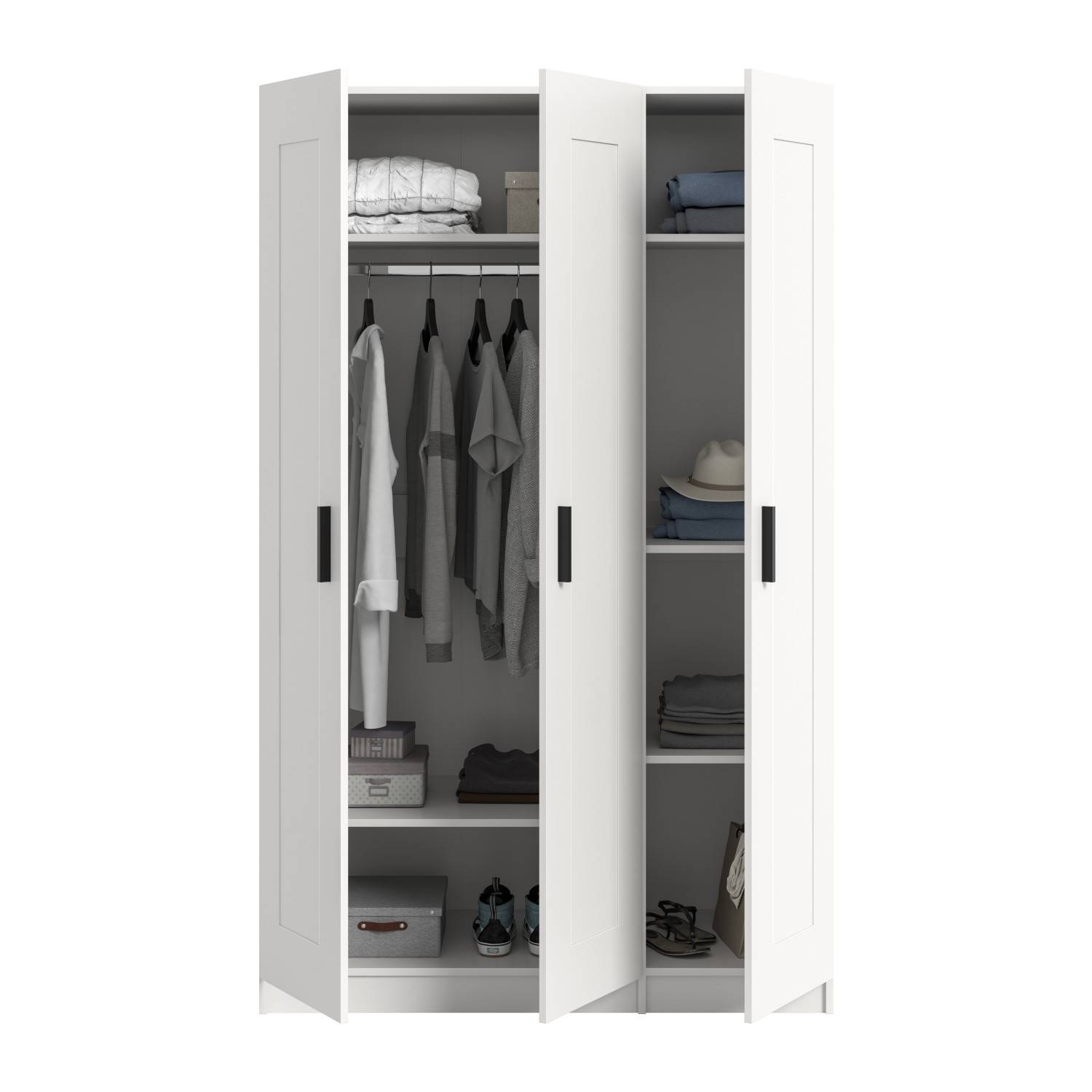 Skandinavischer Drehtürenschrank Bilbo I offen gefüllt mit Kleidung und Accessoires – Bilbo