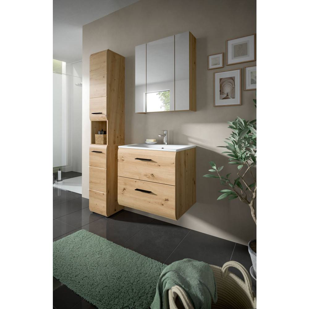 Vierteiliges Badmöbel Set in heller Holzoptik mit Waschtisch, Spiegelschrank und Hochschrank für das Badezimmer – Canopus