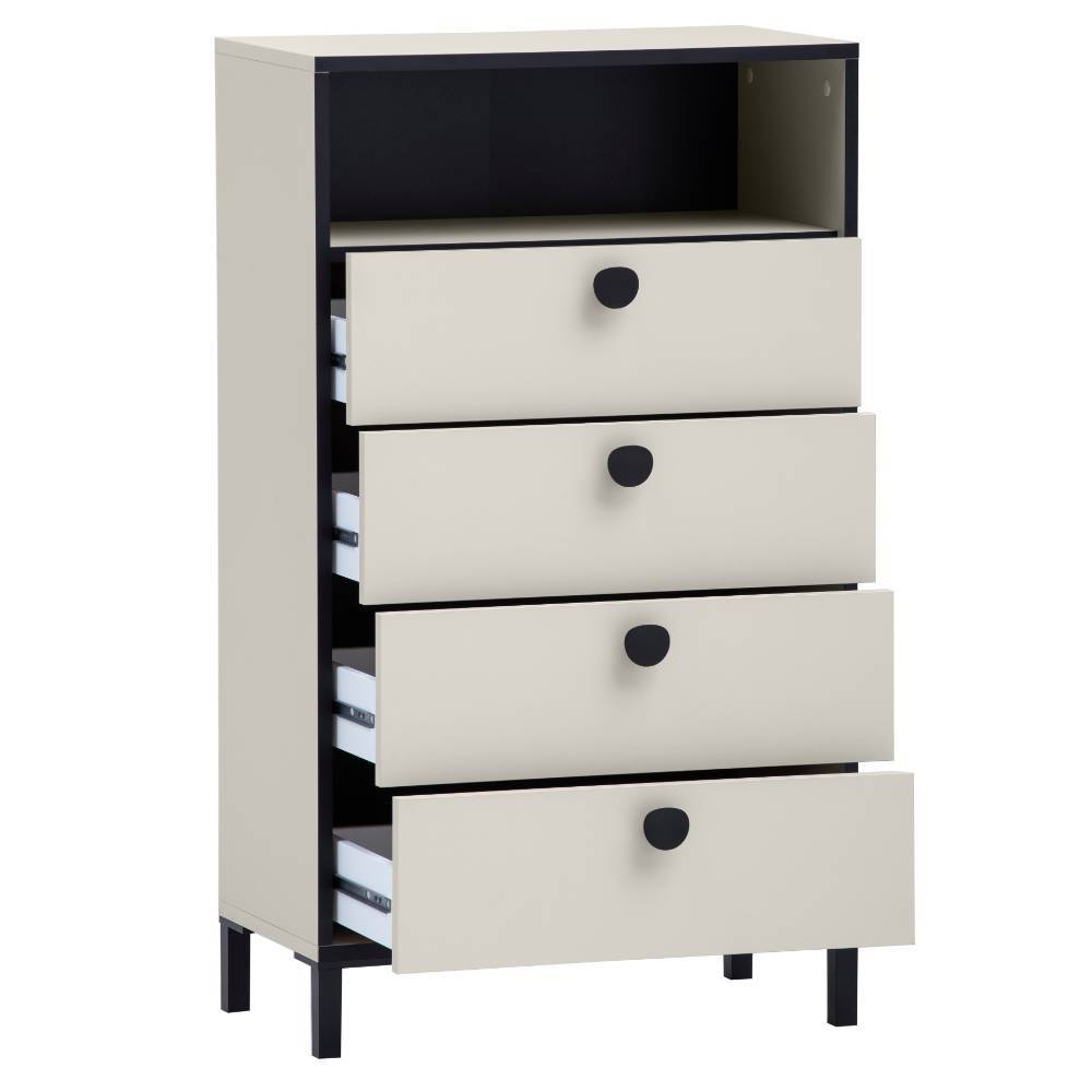 Beige Hochkommode mit vier Schubladen, offenem Fach und schwarzen Griffen – New Orleans