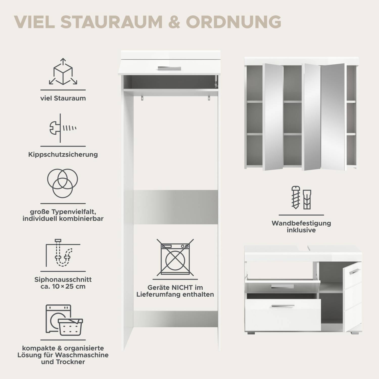 Viel Stauraum, Kippschutz und Wandbefestigung für das flexible Badezimmermöbel Set – Nanila