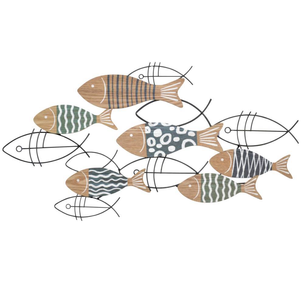 Maritimer Fischschwarm aus Holzfischen und schwarzem Metallrahmen als Wandobjekt – Red