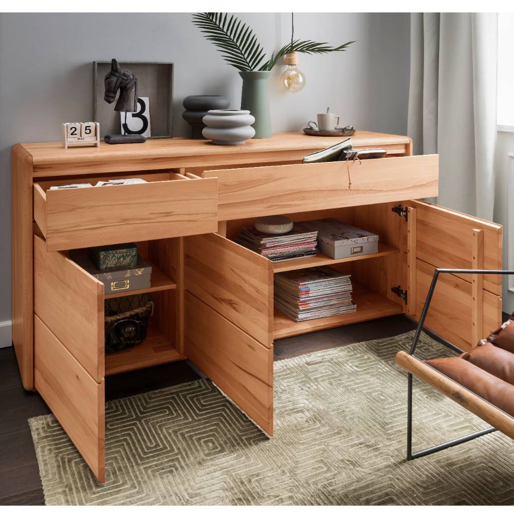Kernbuche Sideboard mit drei Türen und zwei offenen Schubladen, viel Stauraum für Wohnzimmer – Embus
