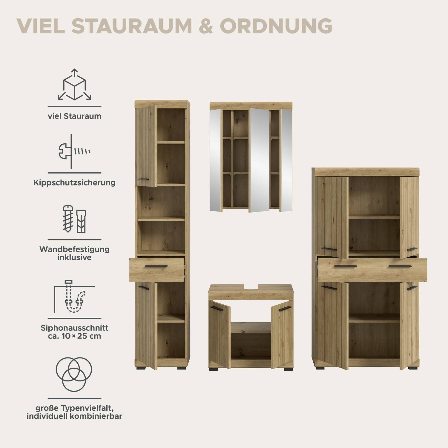 Vierteliges Badmöbelset mit viel Stauraum, Kippschutz, Wandbefestigung und Siphonausschnitt – Lasewood