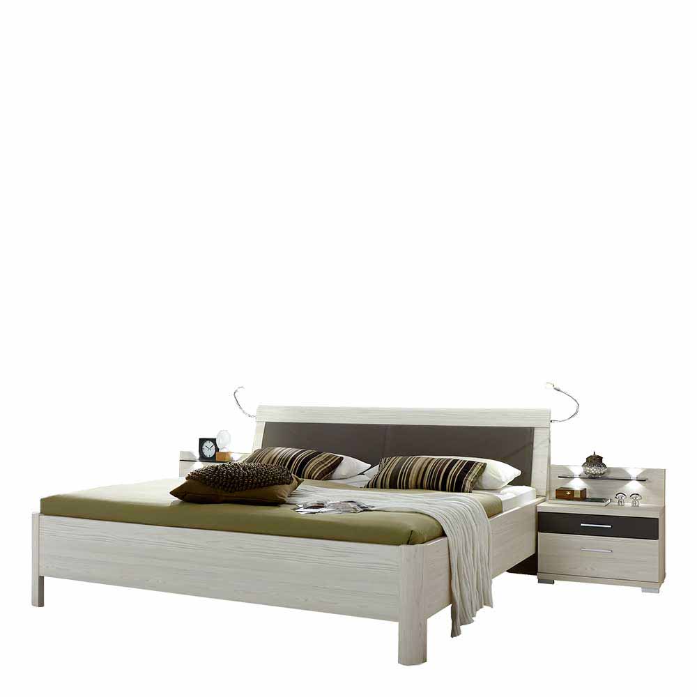 Doppelbett mit Nachttischen Vetal in Lärche Weiß Grau (dreiteilig)