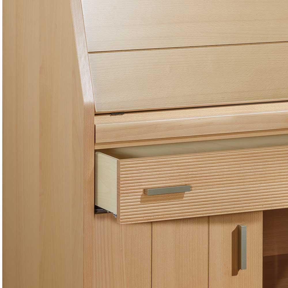 Offene Schublade des Holzschranks mit eleganter Rillenfront und Metallgriff   Lidoral