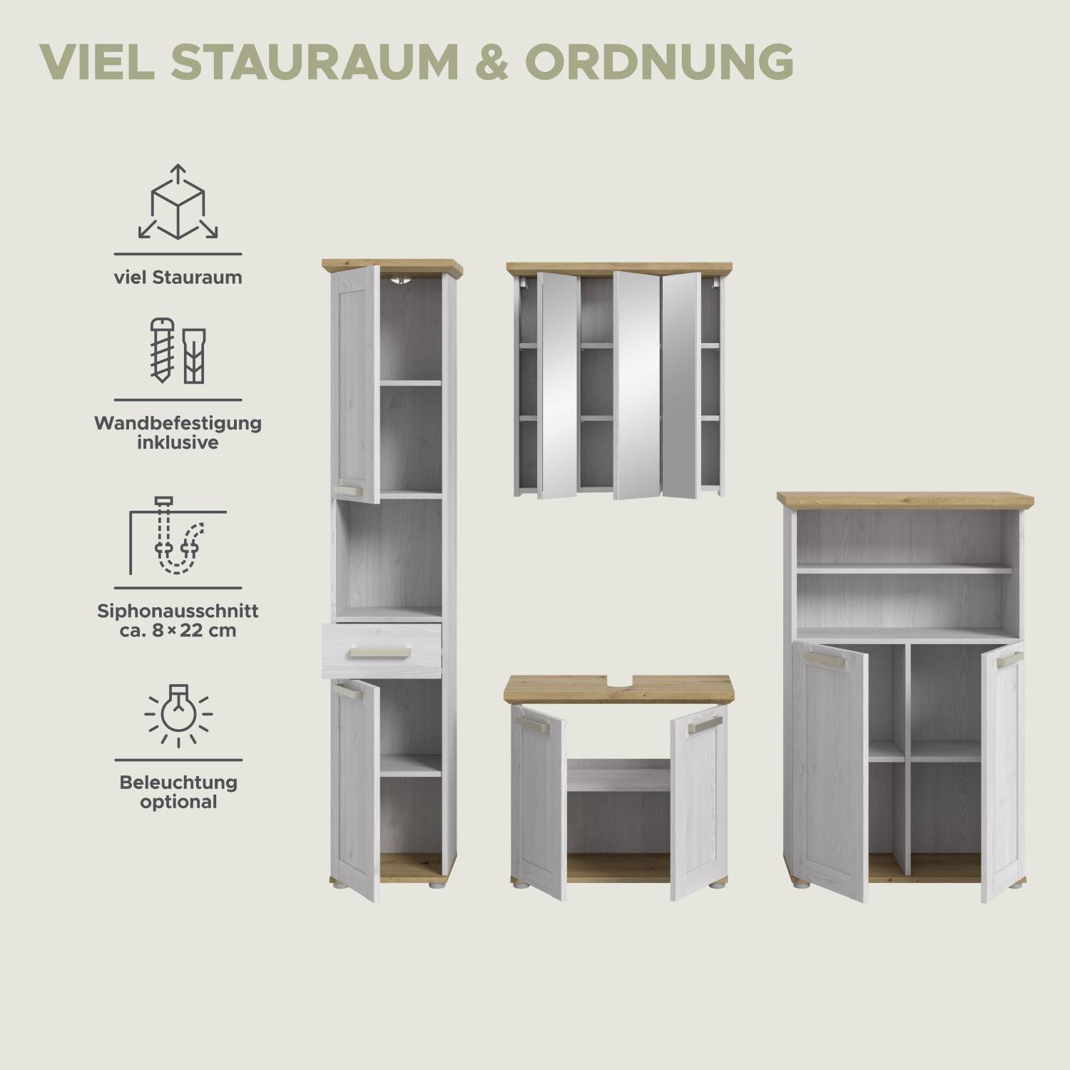Viel Stauraum und Ordnung im Badezimmermöbel Set, inklusive Siphonausschnitt und Wandbefestigung – Tocella