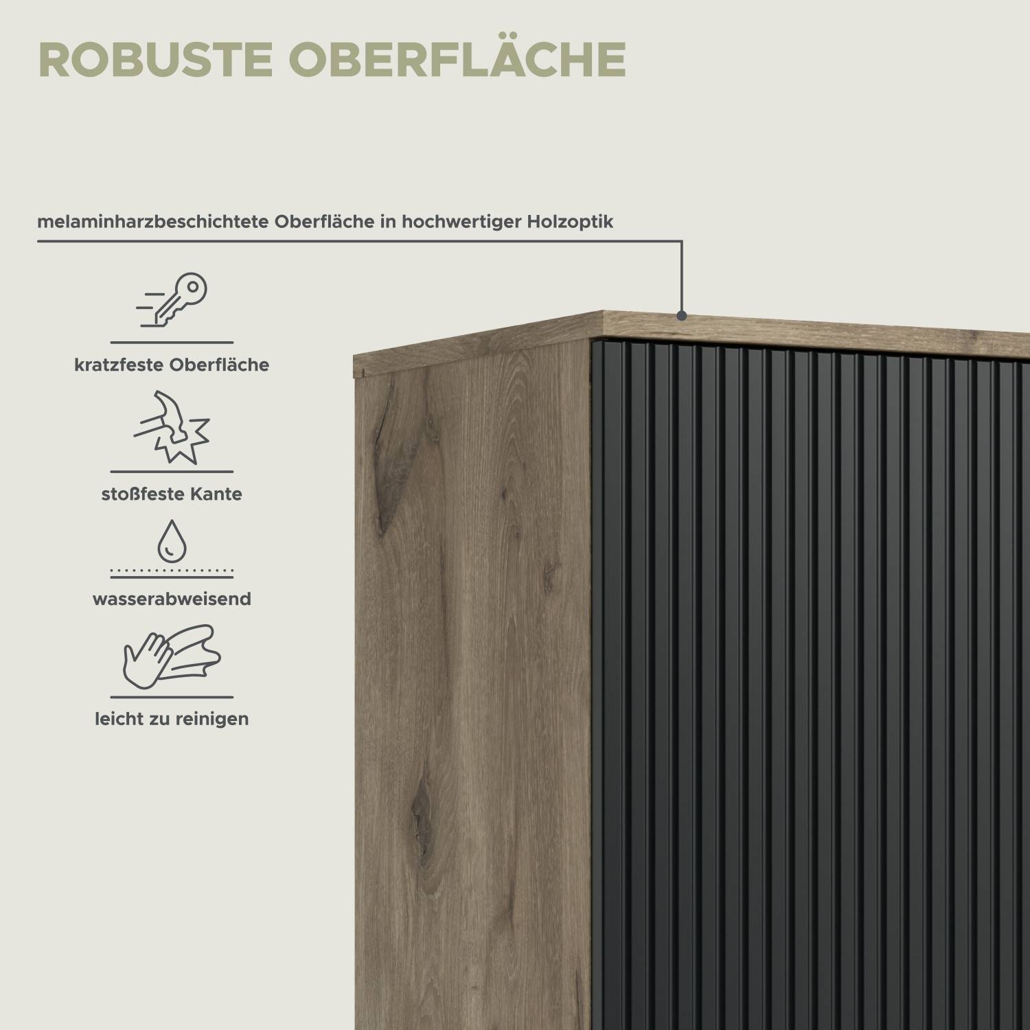 Robuste, kratzfeste und wasserabweisende Melaminharz-Oberfläche in Holzoptik der Anbauwand – Rasmus