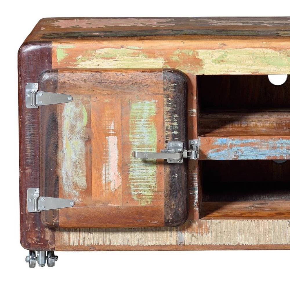 Rustikales Sideboard aus Altholz mit bunter Tür und robusten Metallscharnieren für Wohnzimmer – Salvatoria