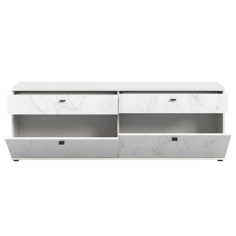Modernes Sideboard in Marmoroptik mit offenen Schubladen und Klapptüren für Stauraum – Altura