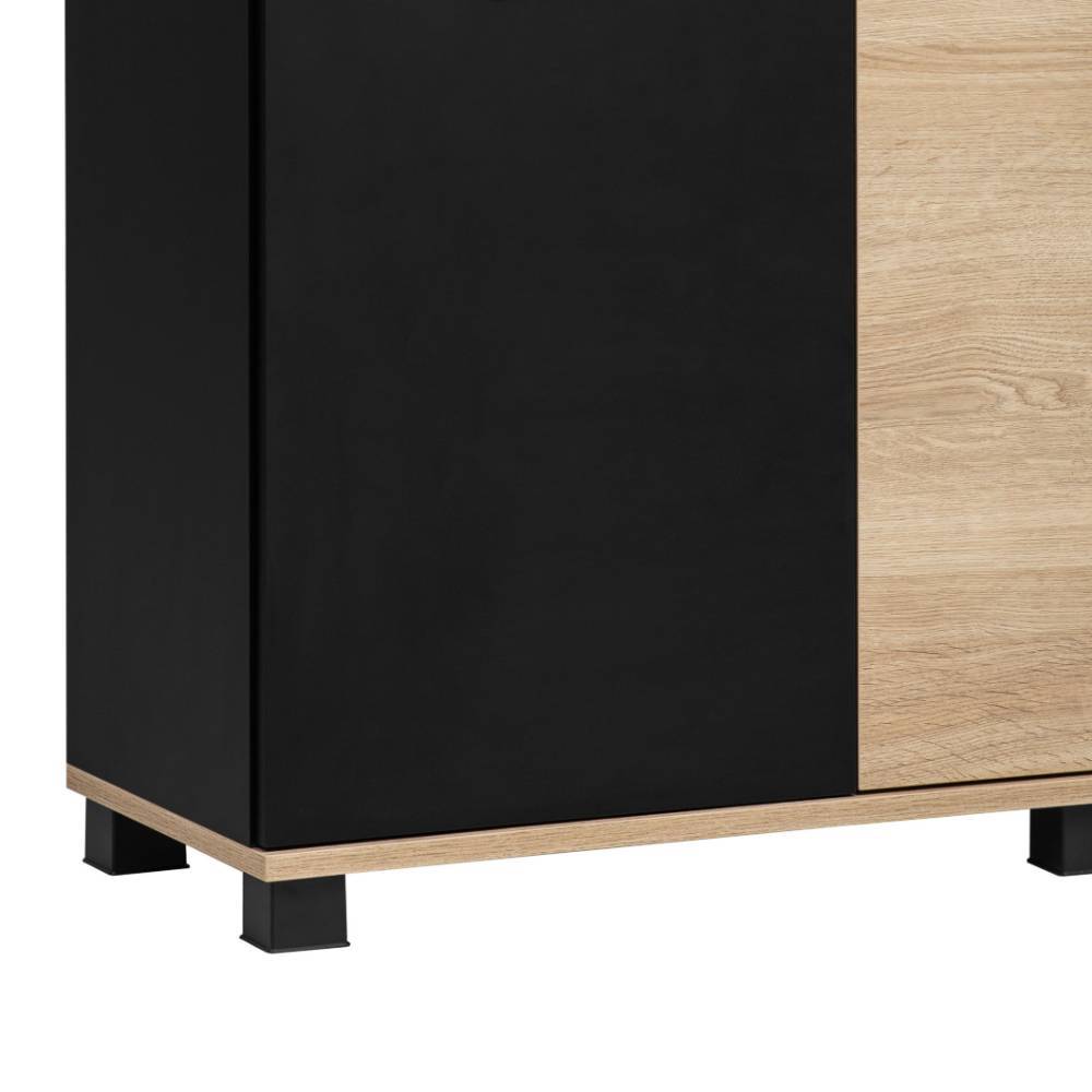 Sockelbereich des schwarzen Badezimmer Highboards mit holzfarbener Basis und schwarzen Standfüßen – Segradon