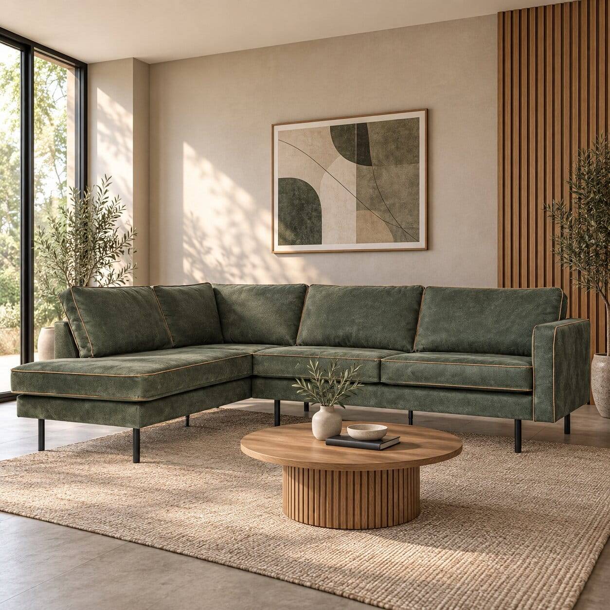 Oliv grüne Kunstleder Polsterecke mit eleganter goldener Paspel für das Wohnzimmer – Ruvenz