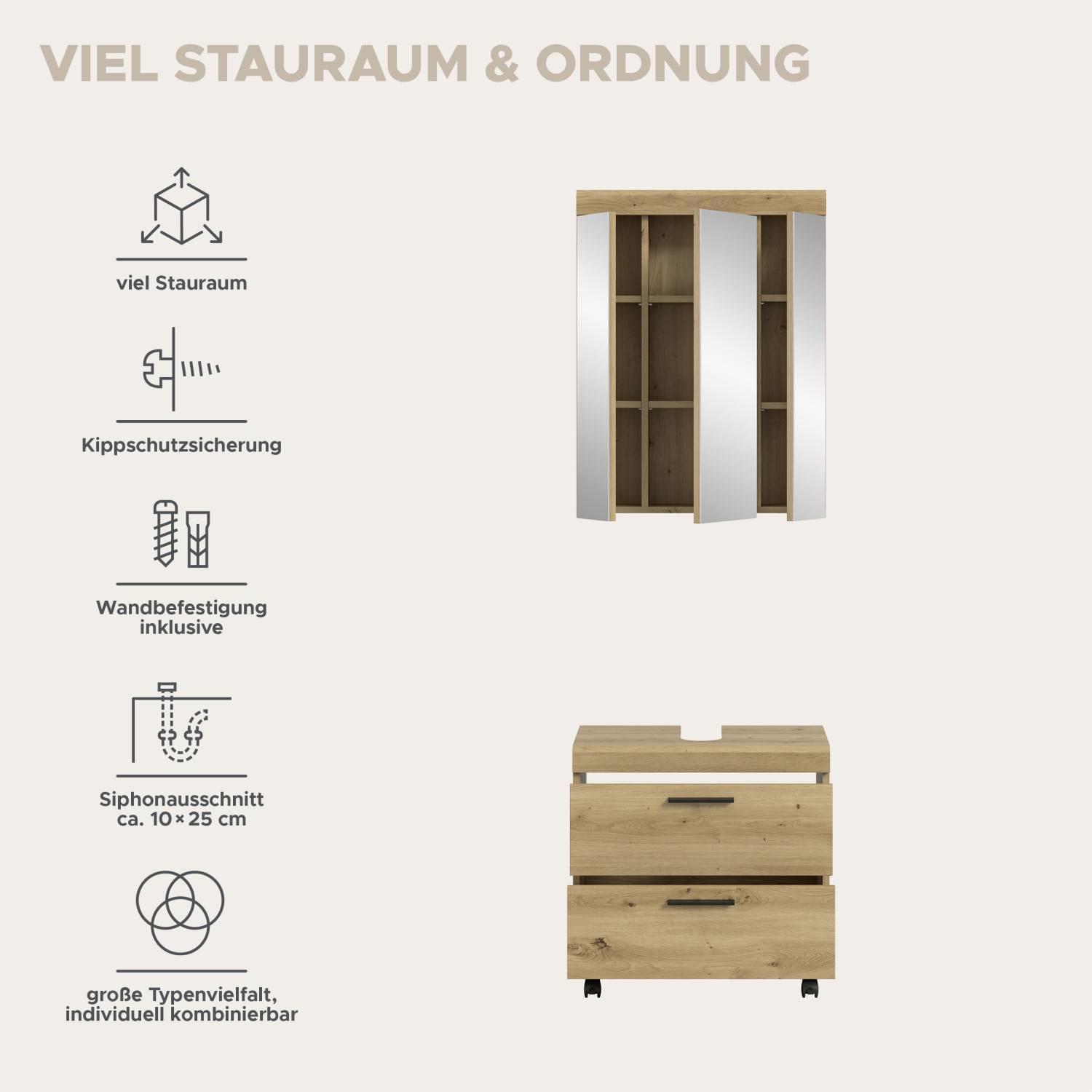 Waschbeckenschrank mit Rollen und Spiegelschrank als zweiteiliges Badmöbel-Set mit Stauraum-Funktionen – Lasewood