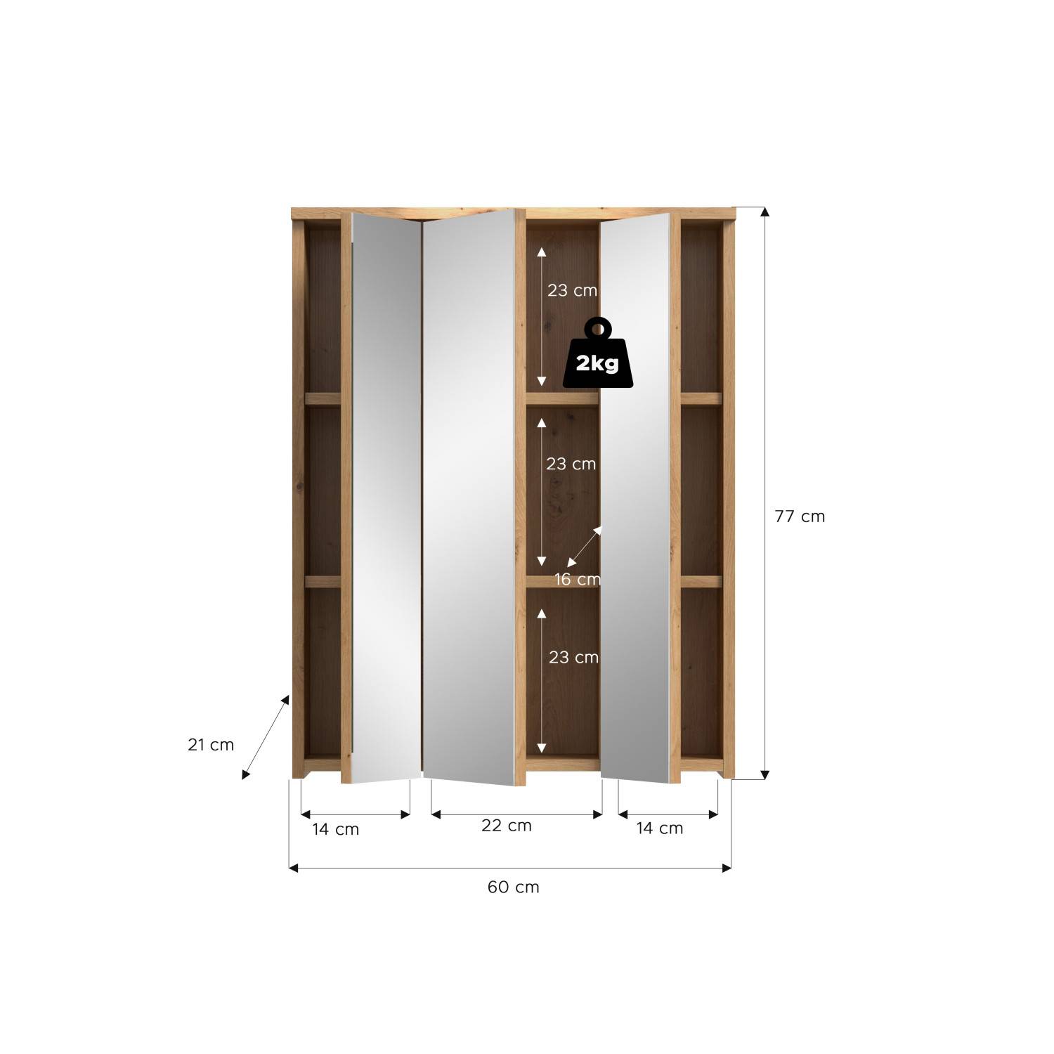 Wandhängender Badschrank mit Spiegelfronten Maße und Abmessungen in Holzoptik – Luzanos