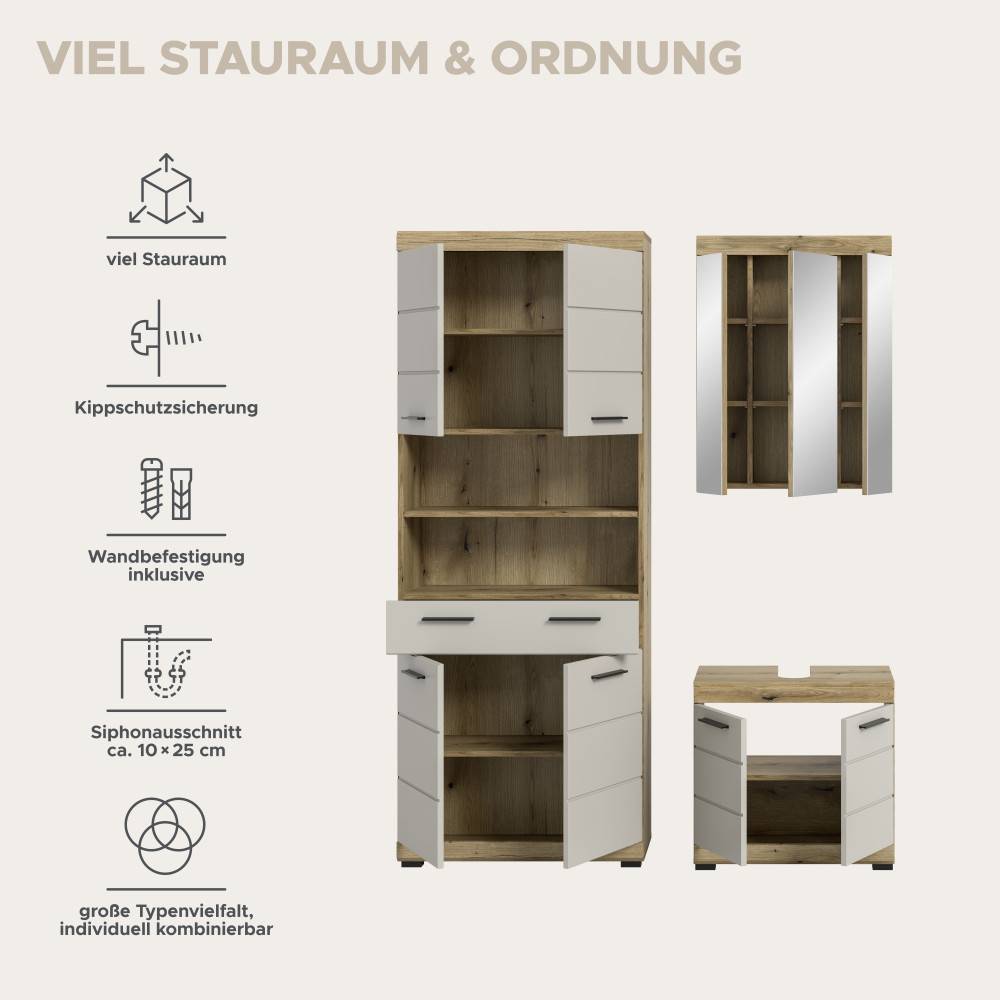 Badmöbelset mit viel Stauraum, Kippschutzsicherung, Wandbefestigung und Siphonausschnitt – Casserra