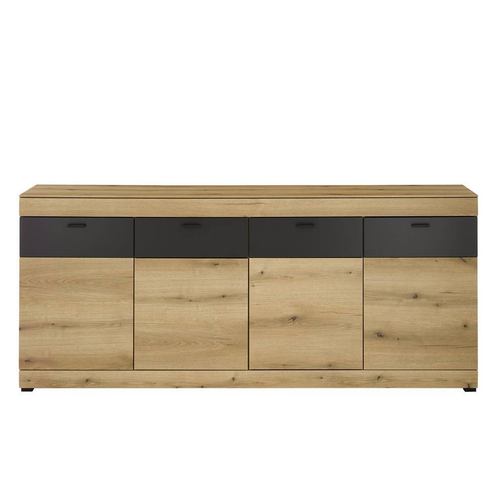 200cm breites Sideboard in Eiche Holzoptik mit dunklen Schubladen und Türen – Addara