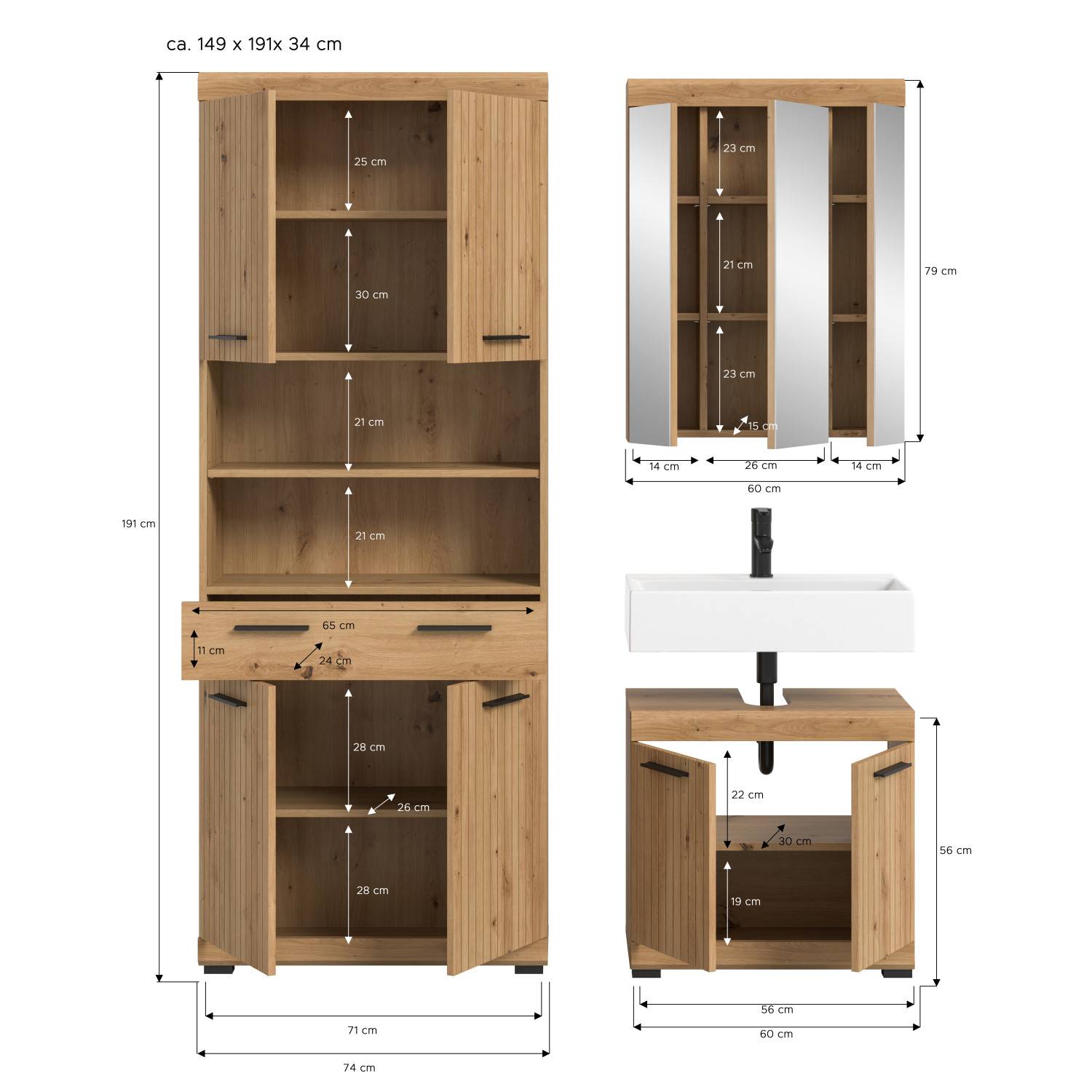 Maße und Abmessungen des dreiteiligen Badmöbelsets mit Hochschrank, Waschtisch und Spiegelschrank – Lasewood