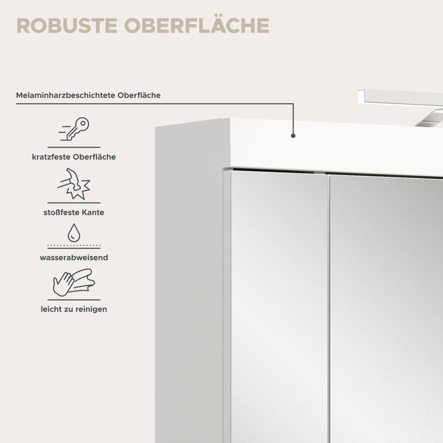 Melaminharzbeschichteter Badezimmerschrank mit kratzfester, stoßfester und wasserabweisender Oberfläche – Bruna