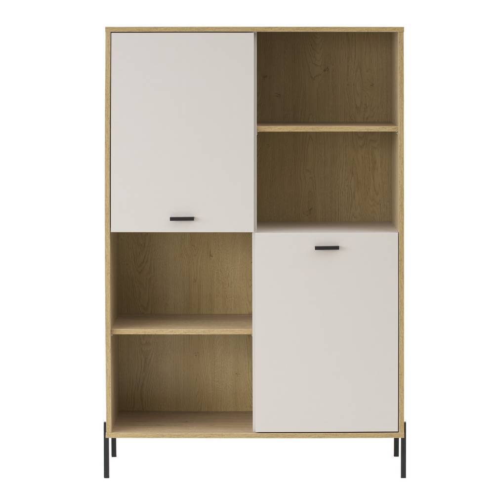 Moderner Schrank in Beige und Eiche Holzoptik mit schwarzen Griffen und schlanken Metallbeinen – Dasanti