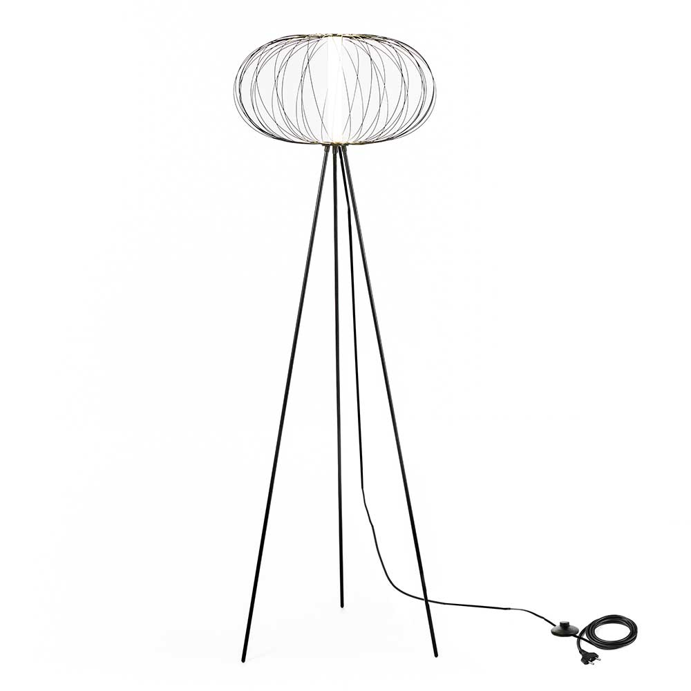 LED Stehlampe mit Drei-Bein-Gestell in Schwarz - ovaler Draht Schirm -  Natali