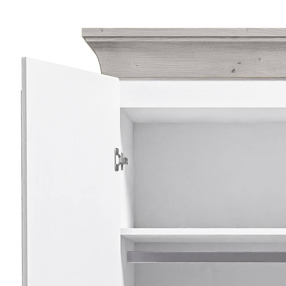 Innenansicht oben des weißen Schranks mit geöffneter Tür, Scharnier und oberem Fach – Caneon