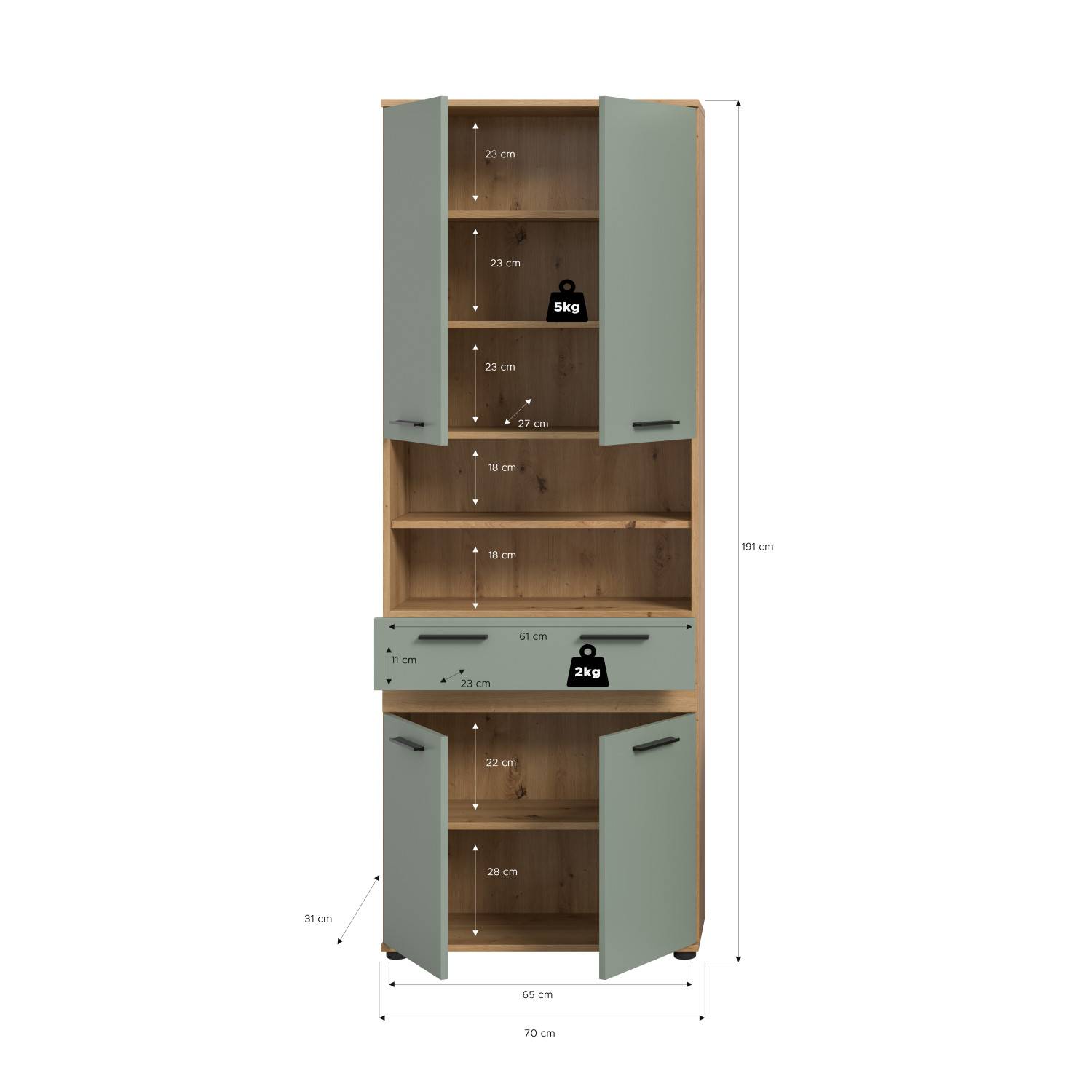 Hoher Badschrank mit Maßen und Abmessungen der Fächer, Schublade und Gesamtgröße, in Eiche-Optik – Luzanos
