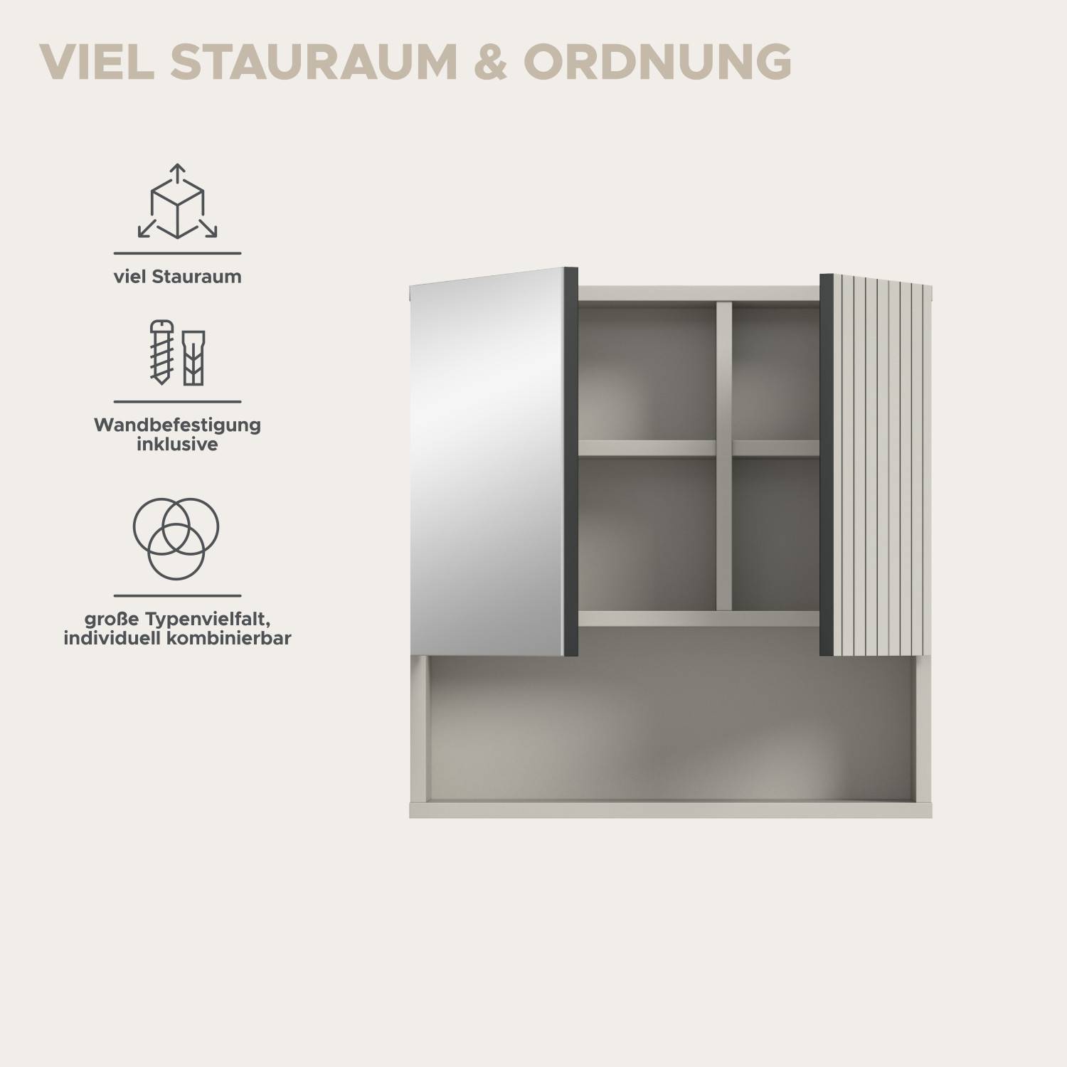Schmaler Spiegelschrank mit viel Stauraum, Wandbefestigung inklusive und flexibel kombinierbar – Loktos
