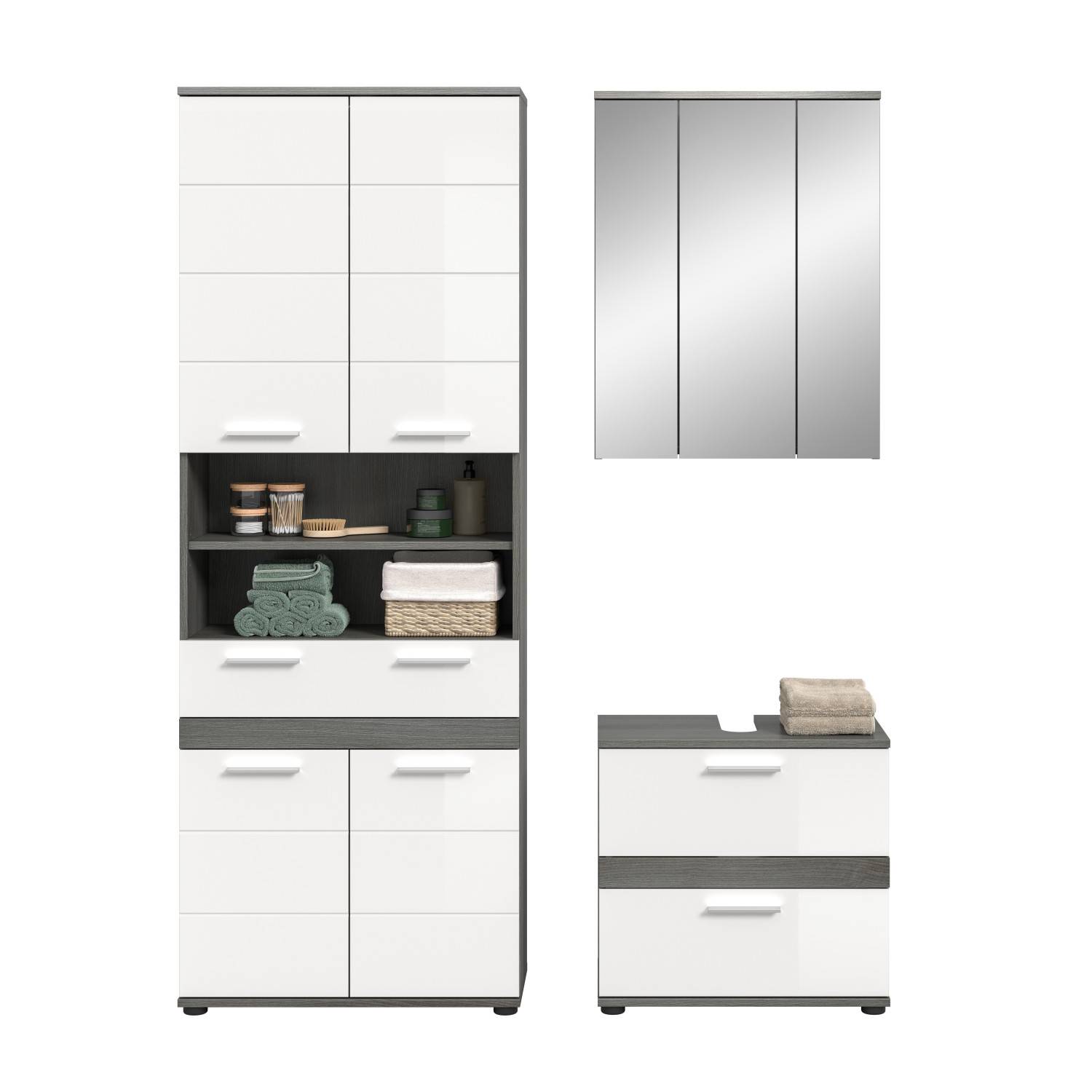 Modernes dreiteiliges Badmöbel-Set Chapan mit Hochschrank, Spiegelschrank und Unterschrank in Weiß-Grau – Chapan