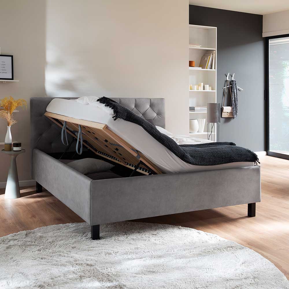 Modernes Stoffbett mit Bettkasten in Hellgrau - Villaro