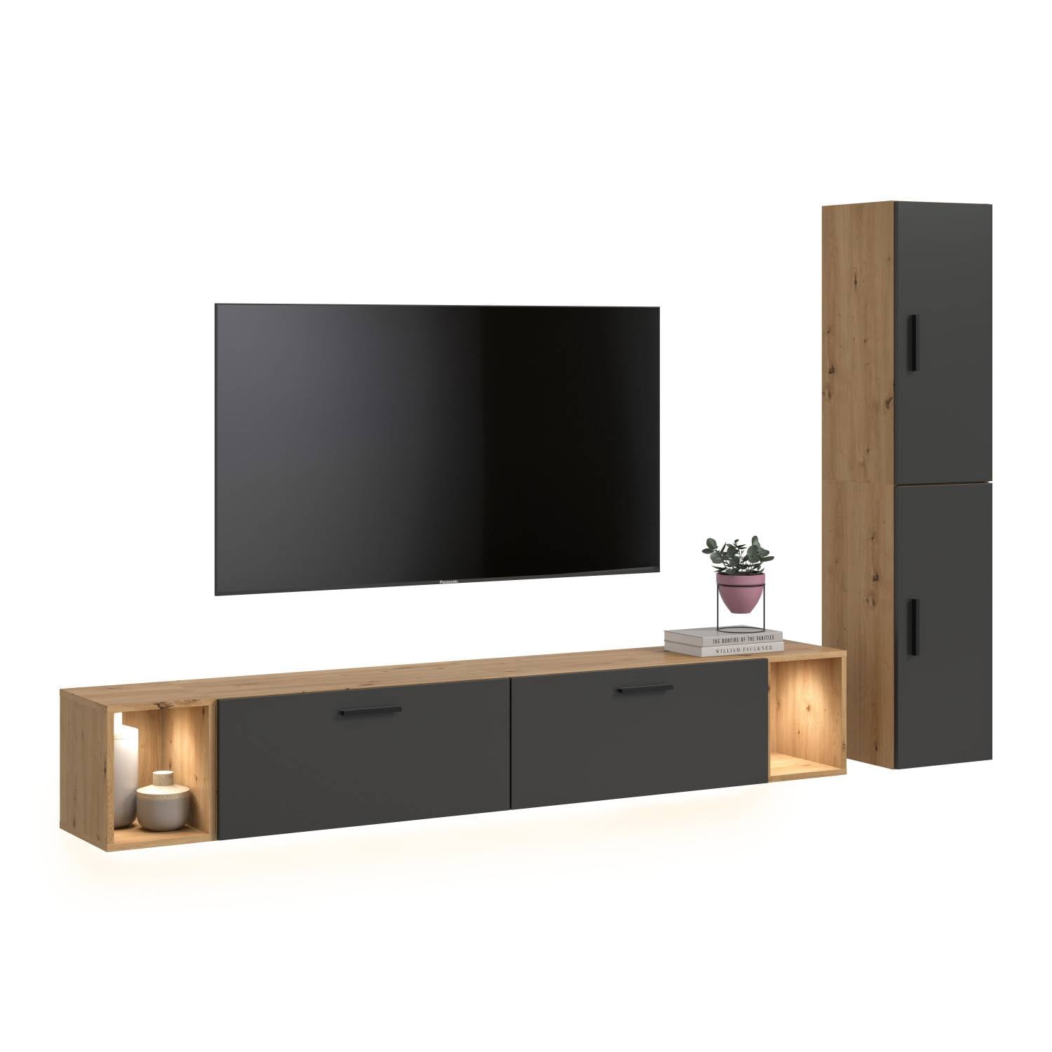 Graue Medienwand mit Hängelowboard und Hochschrank in Holzoptik – Estoron