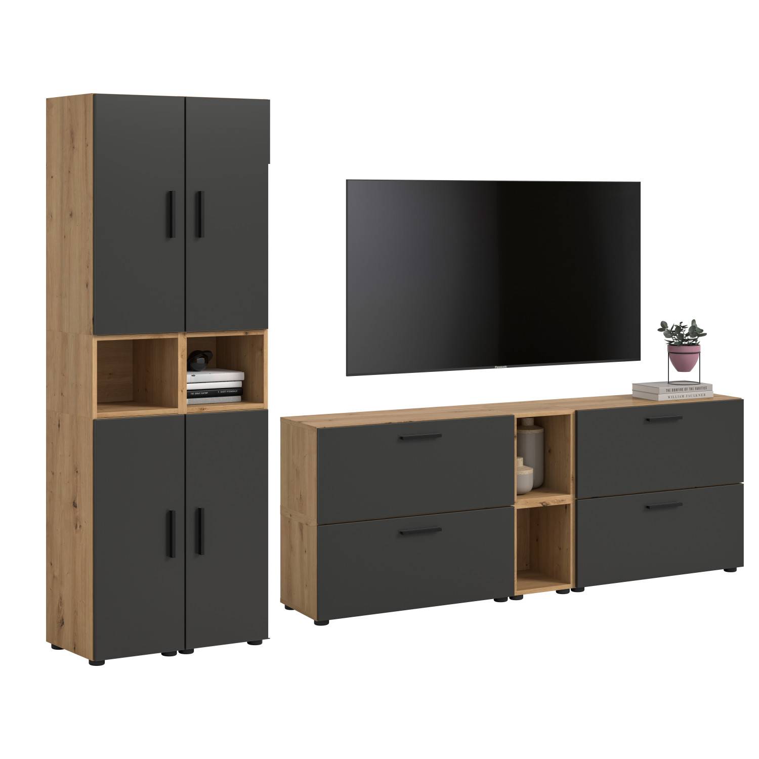Anbauwand zweiteilig in Eiche und Basaltgrau mit Hochschrank und TV-Lowboard – Estoron