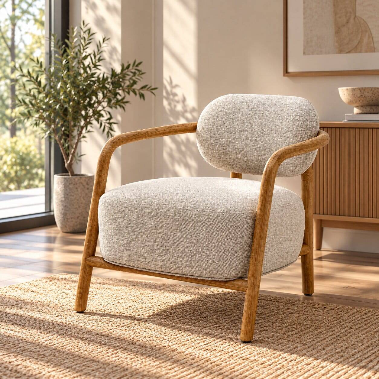 Skandi Design Sessel aus Chenille und Massivholz in Beige und Eiche