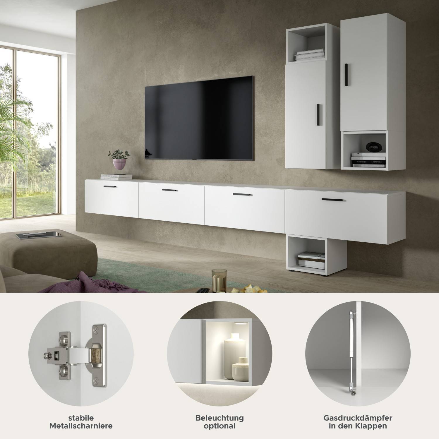 Weiße TV-Wand mit stabilen Metallscharnieren, Gasdruckdämpfern und optionaler Beleuchtung – Actionsa