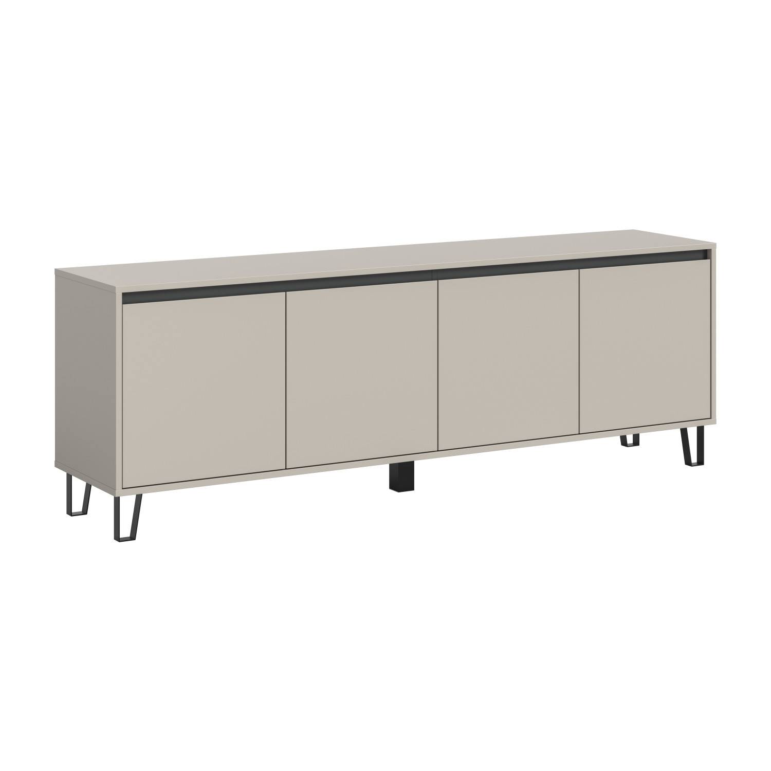 Langes TV Board in Hellbeige mit vier Türen und schwarzen U-Füßen – Binocra