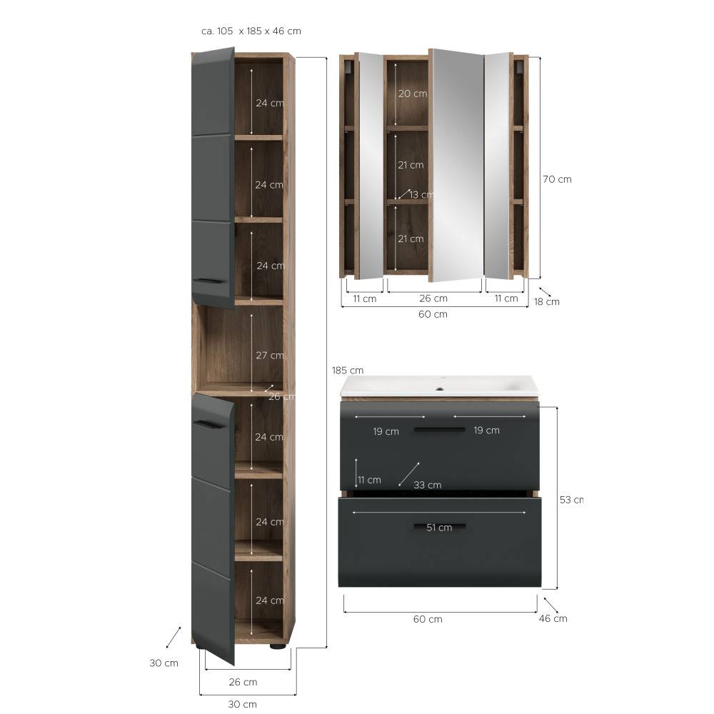 Badezimmermöbel Set dreiteilig Maße und Abmessungen für Hochschrank, Spiegelschrank und Waschtischunterschrank – Karina