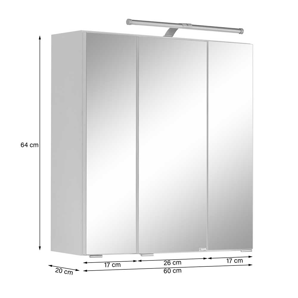 3-türiger Badezimmer Spiegelschrank mit 60cm Breite - Ishes
