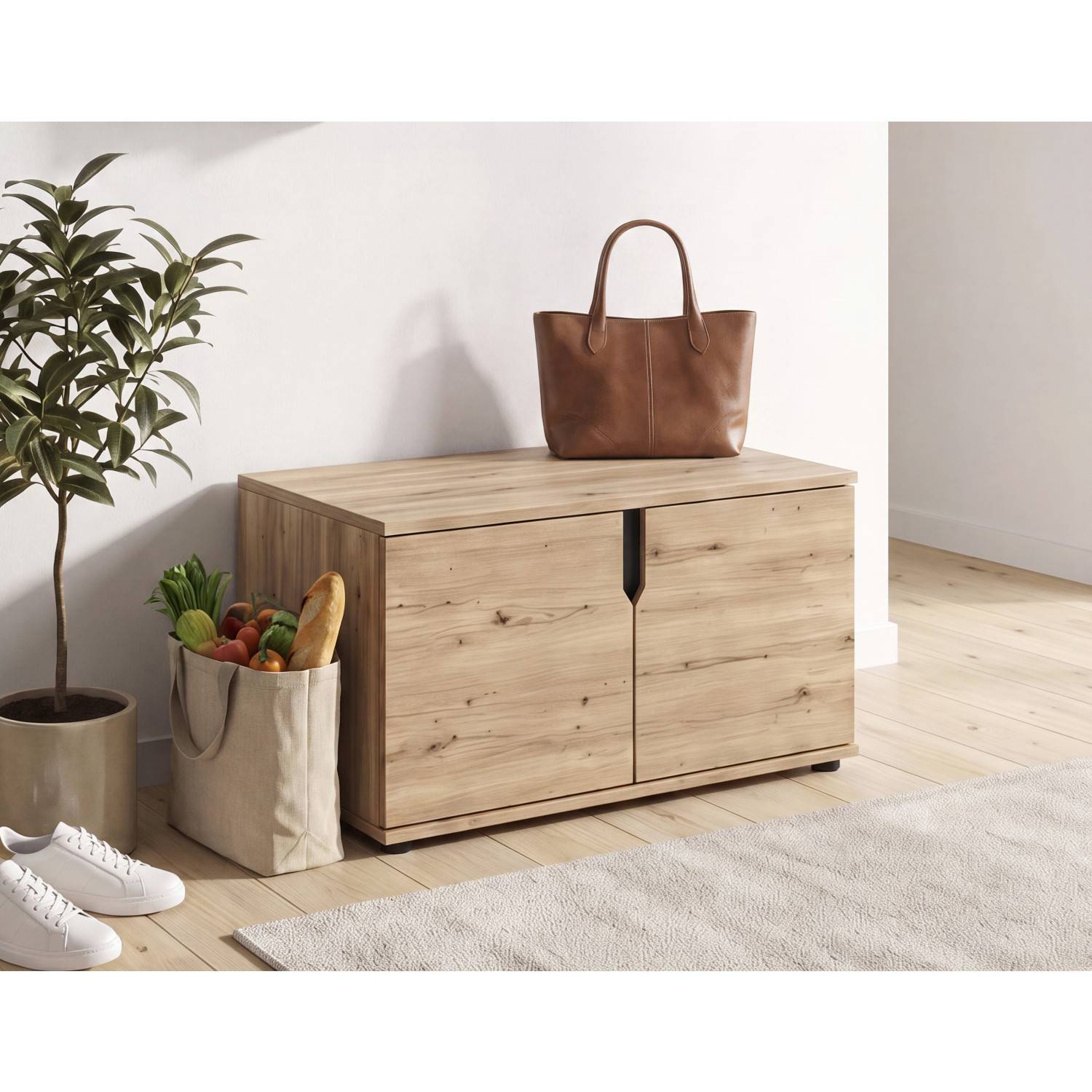 Moderne Schuhkommode in Wildeiche Optik mit grifflosen Türen und viel Stauraum – Omy