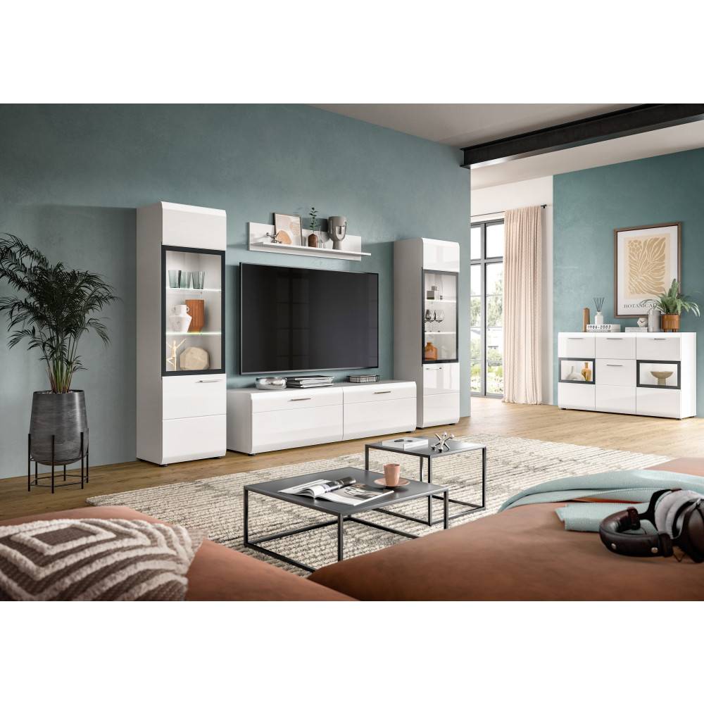 Moderne Wohnzimmer Medienwand in Hochglanz Weiß mit zwei Vitrinen, TV-Möbel und Wandregal – Clona