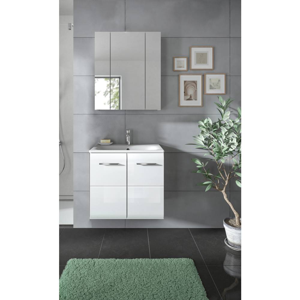 Weißes Waschplatz Set mit Waschtischunterschrank und Spiegelschrank im modernen Badezimmer – Clona