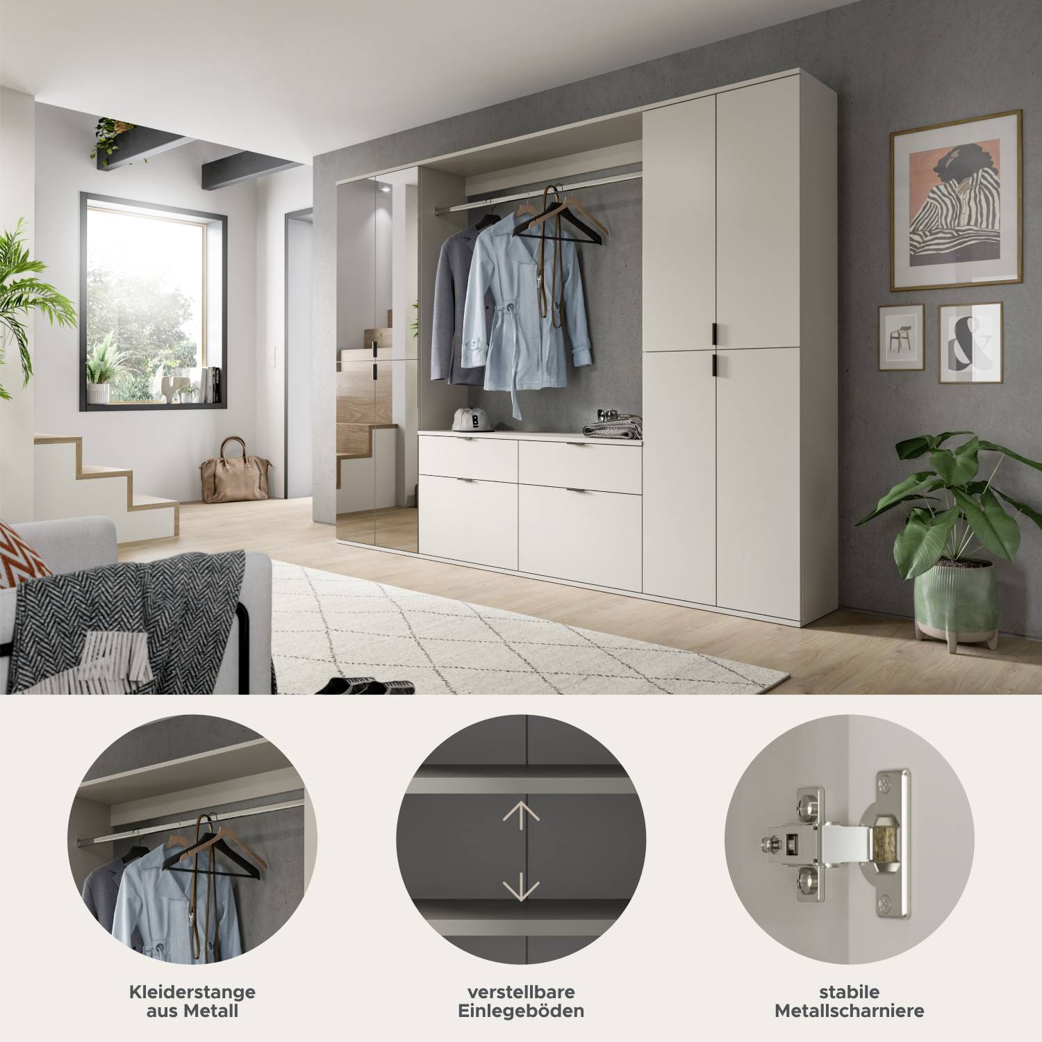 Komplettes Flurmöbelset mit offener Garderobe, Metall-Kleiderstange und verstellbaren Böden – Meho