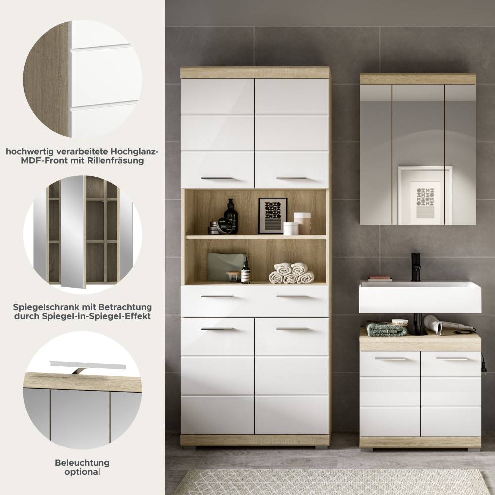 Designmerkmale des Badmöbelsets Calbanyara: Hochglanzfront, Spiegelschrank mit Spiegel-in-Spiegel-Effekt – Calbanyara