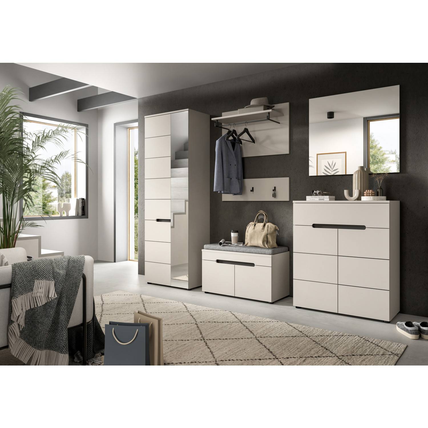 Moderne Schuhbank in hellem Taupe mit grauem Sitzkissen als Teil einer Flurgarderobe – Elvadia