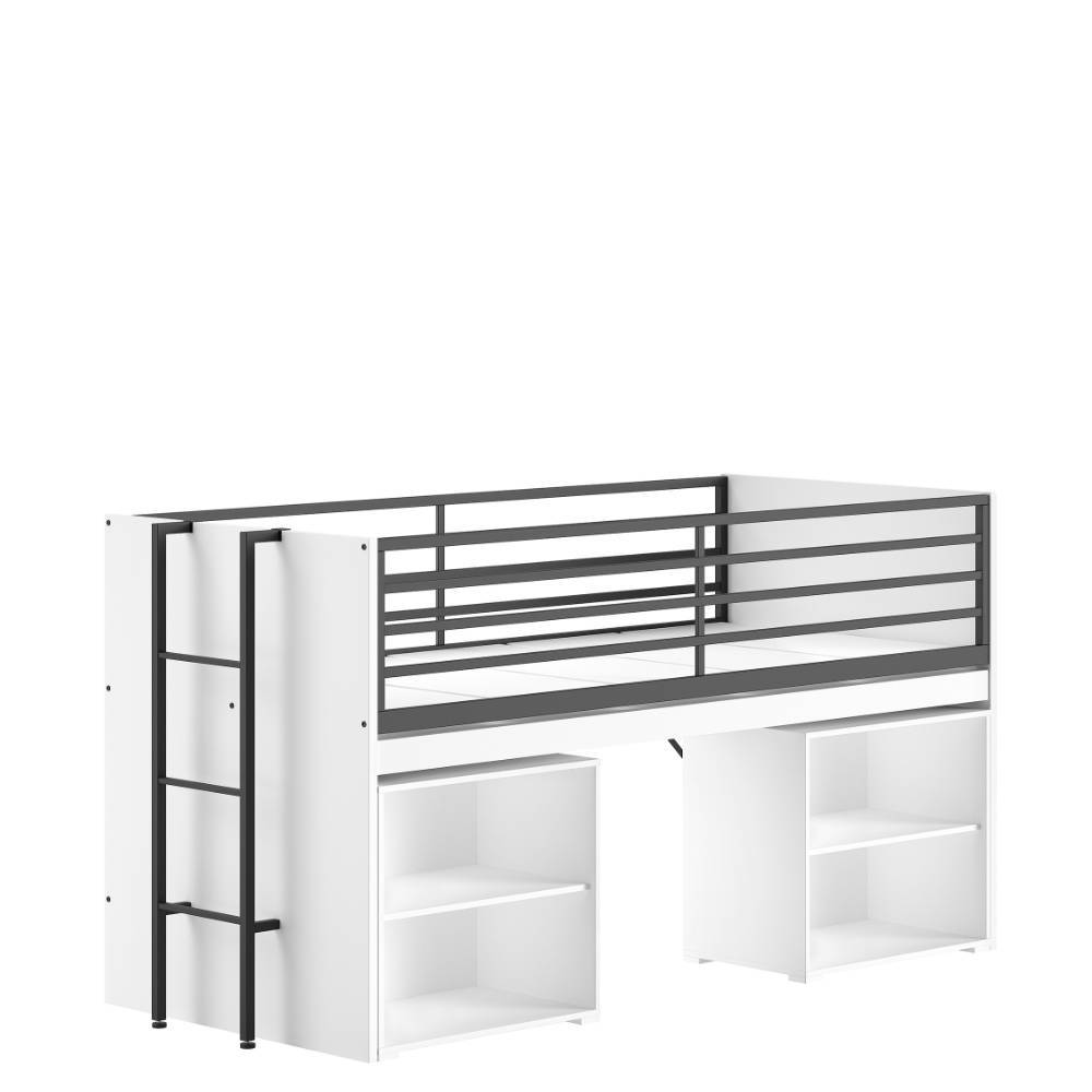 Modernes weißes Hochbett mit zwei integrierten Regal-Elementen und Schreibtischbereich – Brasovia