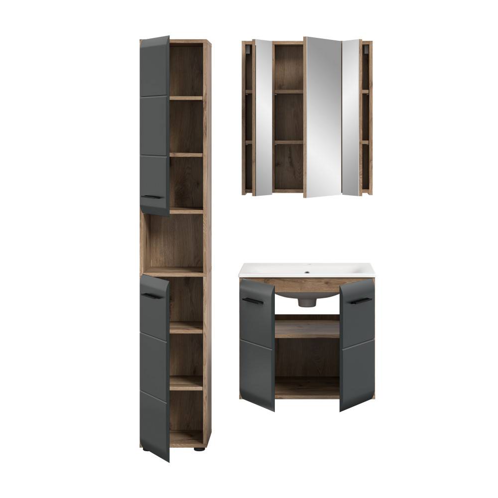Dreiteiliges Badezimmerset mit griffloser Optik, Hochschrank, Spiegelschrank und Waschbeckenunterschrank offen – Karina