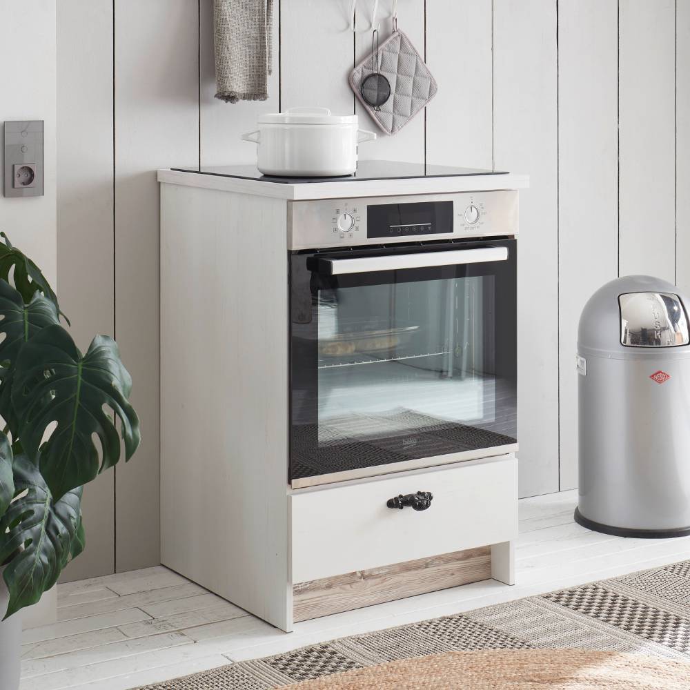 Herd-Umbauschrank in Weiß und Holzoptik Pinie verwittert - Nedita