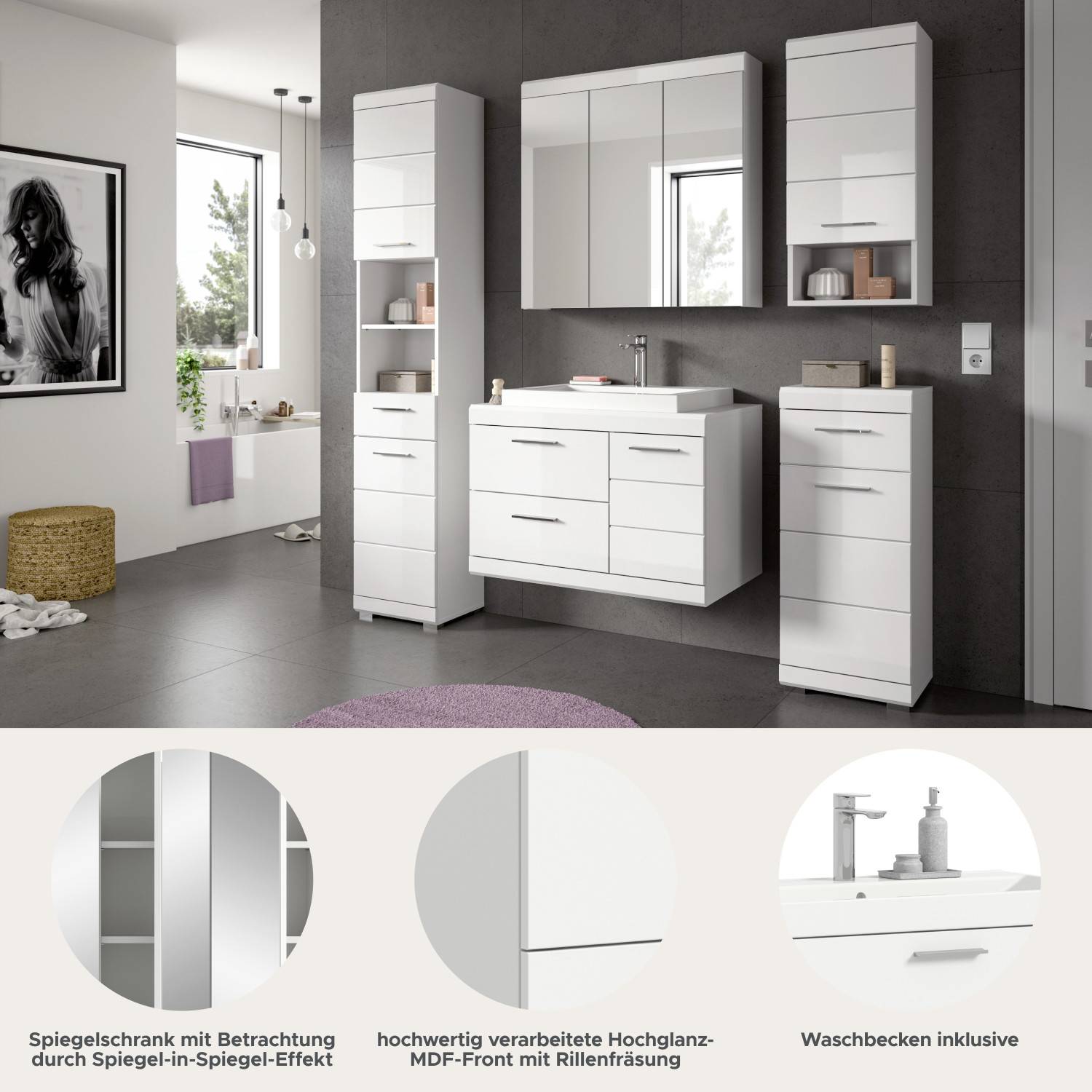 Badezimmermöbel Set Details mit Spiegelschrank, Hochglanz-MDF-Front und integriertem Waschbecken – Nanila