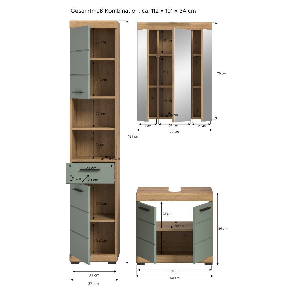 Waschplatz und Hochschrank Set in Salbei - Tamdato (dreiteilig)