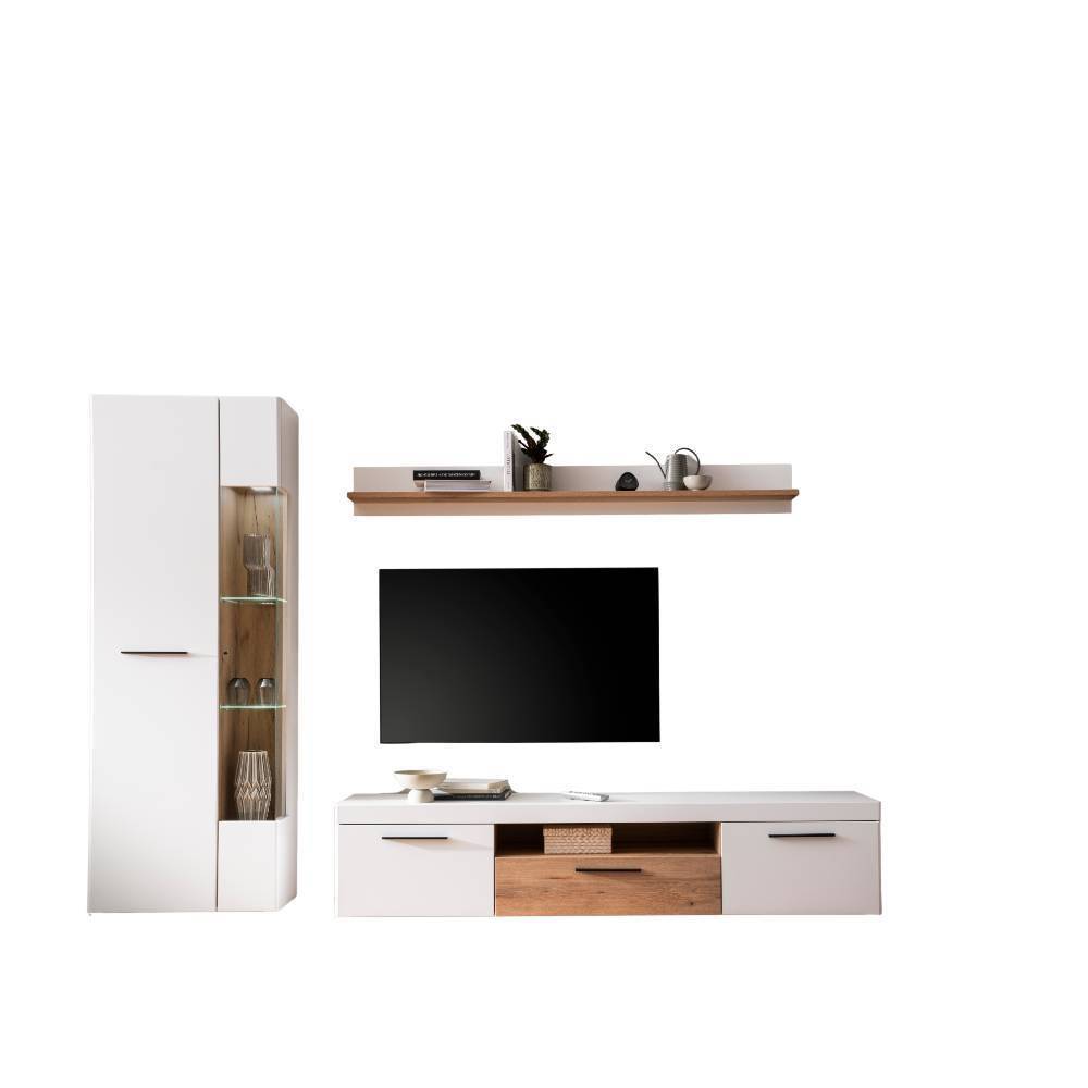 Dreiteiliges Wohnwand Möbelset in Weiß mit Holzoptik bestehend aus Vitrine, TV-Lowboard und Wandregal – Acke